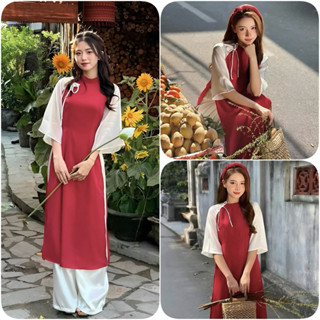 Sét Áo Dài Cách Tân Nhung Hàn Phối Tay Tơ Xốp Gắn Nơ Cổ + Quần Suông Trắng 
