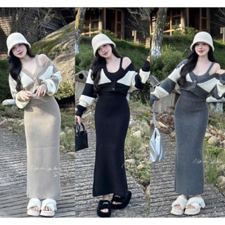 MC71- đầm body thun gân đũa 2 dây phối áo khoác cố V tay dài croptop