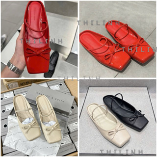 (lui size) Giày sục búp bê C mũi vuông đính nơ nhỏ phối quai ngang đế bệt 1cm chất da Pu cho nữ Fullbox #8125