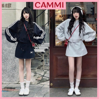 Set áo khoác nỉ sọc tay mix chân váy nỉ đính nơ dáng chữ A ngắn phong cách trẻ trung HB564