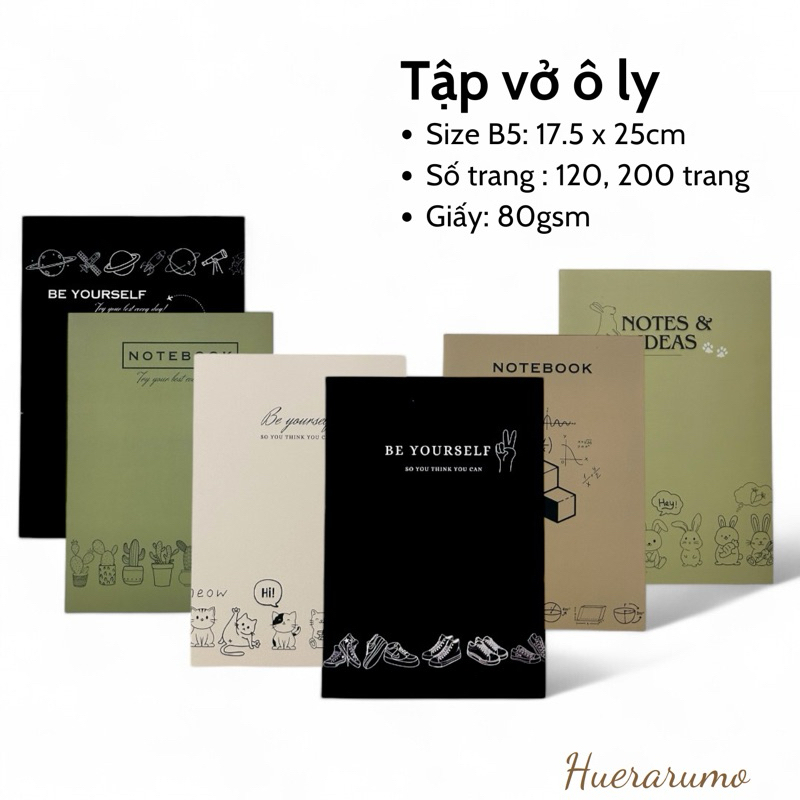 Vở ô ly B5 120-200 trang HUERARUMO, gáy khâu chỉ bước dài dấu ngoài, giấy cao cấp 80gsm, in offset