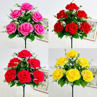 Cành hoa hồng tròn 6 bông VI101 ( hoa lụa, cao 36cm, đường kính bông 8cm), hoa giả trang trí