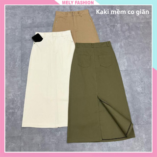 Chân váy kaki chữ A dáng dài midi xẻ sau có túi phong cách trẻ trung có bigsize màu đen be nâu rêu CV104