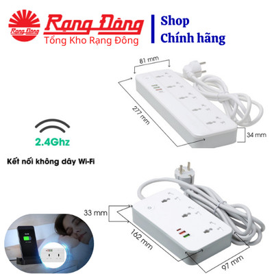 Ổ cắm điều khiển qua mạng internet 2500W - 10A ~250V Rạng Đông, dây 2m, cổng sạc nhanh USB 3.0