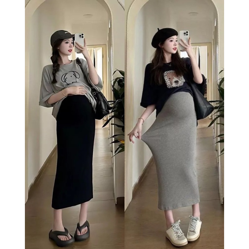 M2_Chân váy bầu công sở body dáng suông chữ A tôn dáng, chân váy bầu trơn basic, váy bầu siêu co dãn