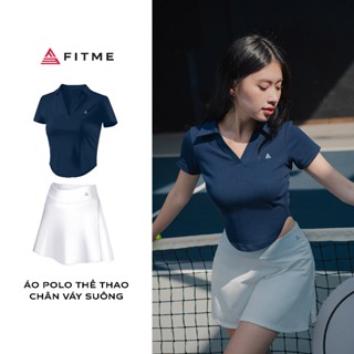 Bộ đồ Pickleball, cầu lông, tennis nữ Fitme áo polo Xanh Navy, chân váy suông Trắng có quần bảo hộ