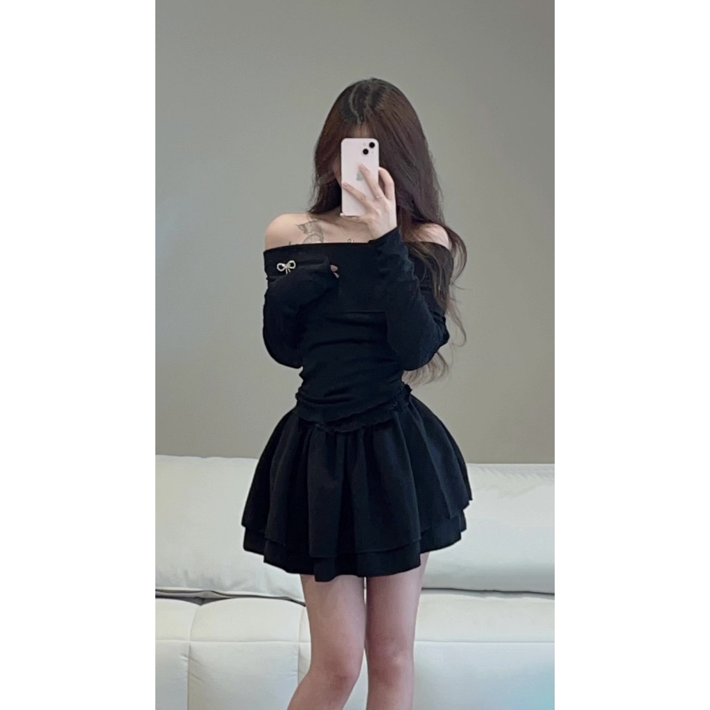 [Tặng tag nơ] Áo trễ vai dài tay xẻ vạt, áo kiểu nữ trễ vai chất gân Thái co dãn ôm body siêu tôn dáng HA211 | BigBuy360 - bigbuy360.vn