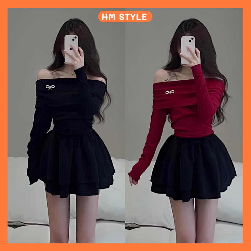 [Tặng tag nơ] Áo trễ vai dài tay xẻ vạt, áo kiểu nữ trễ vai chất gân Thái co dãn ôm body siêu tôn dáng HA211 | BigBuy360 - bigbuy360.vn