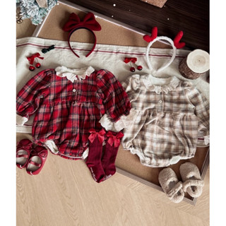 bodysuit đỏ bé gái, romper bé gái, body caro đỏ lót nỉ cho bé, bodysuit đỏ mặc noel tết cho bé, body dạ xinh xắn cho bé