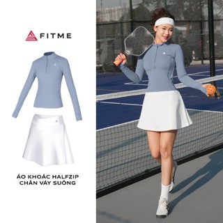 Bộ đồ Pickleball, cầu lông, tennis nữ Fitme áo khoác halfzip Xám Xanh tôn dáng, chân váy suông Trắng có quần bảo hộ