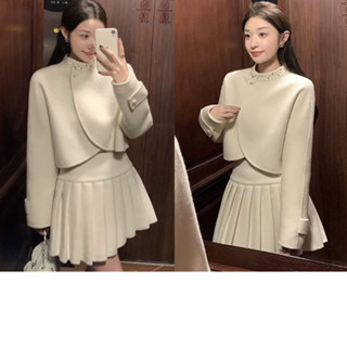  Sét Áo Dạ Trắng  Đính Cổ Ngọc Mix Chân Váy Xếp Ly KANGSOOSTORE Sét Bánh Bèo Chất Liệu Dạ Tweed Đẹp Sang Trọng VKS_021 