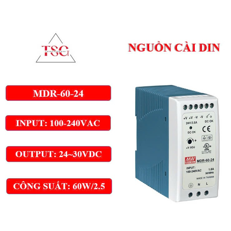 Nguồn Cài DIN Thanh Ray 60W MDR-60-24 Hiệu MINWELL 24VDC/2.5A