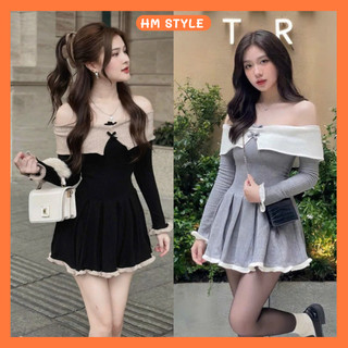 Đầm tiểu thư trễ vai dài tay phối viền bèo trắng, Váy tăm trễ vai đính 2 nơ nhỏ dáng xoè xinh xắn HV329
