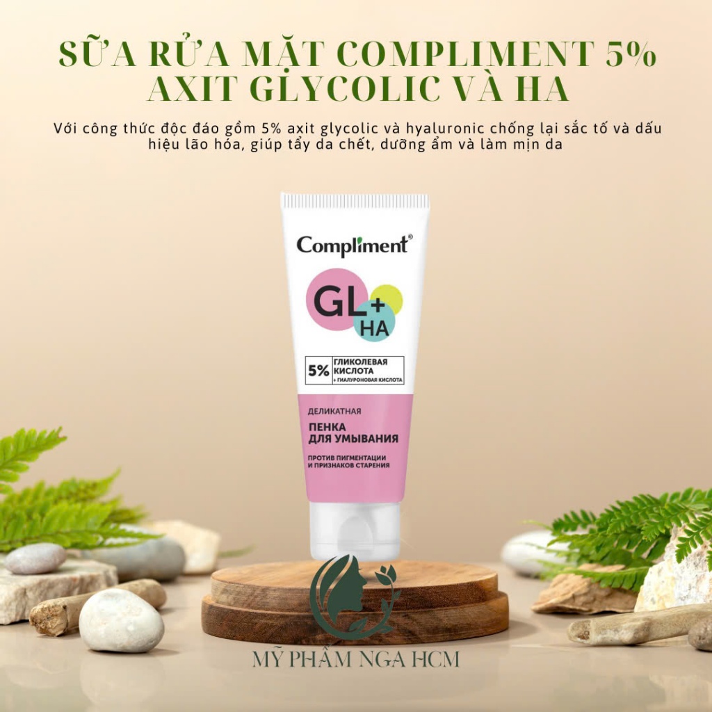 Sữa rửa mặt Compliment 5% axit glycolic và HA làm sáng đều màu da, trẻ hóa 150ml