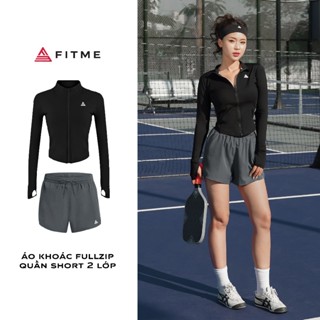 Bộ đồ thể thao nữ Fitme áo khoác fullzip Đen tôn dáng, quần short 2 lớp Xám thấm hút tốt hỗ trợ tập gym, pickleball