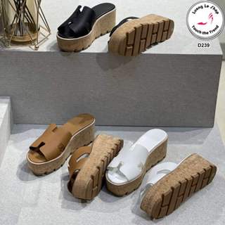  DÉP đế xuồng 7cm quai chữ H da lì đế vân gỗ nhẹ sang chảnh 3 màu đen trắng nâu D239 