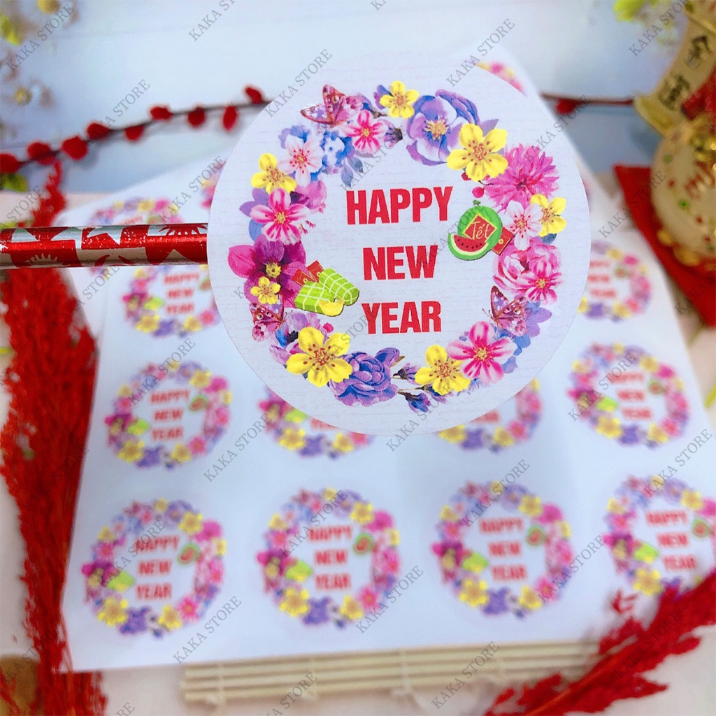 Tem Tết, Tem Dán Tết Happy New Year 🎀 Decal Dán Decor Giỏ Quà, Hộp Quà, Hộp Bánh Kẹo, Mứt Ngày Tết.