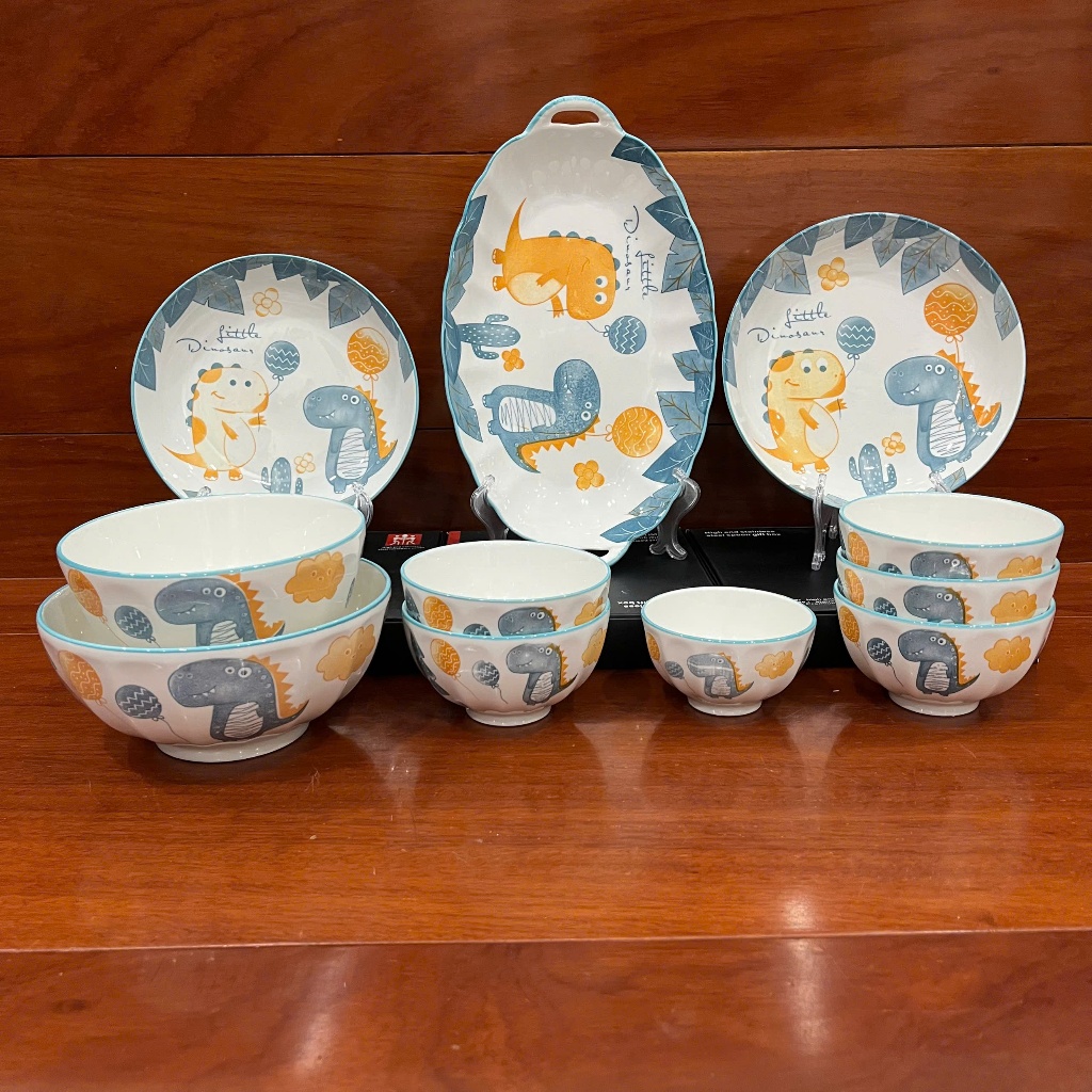 Bộ KHỦNG LONG lẻ món tô chén dĩa có vân sọc dày dặn, họa tiết dễ thương men sáng đẹp