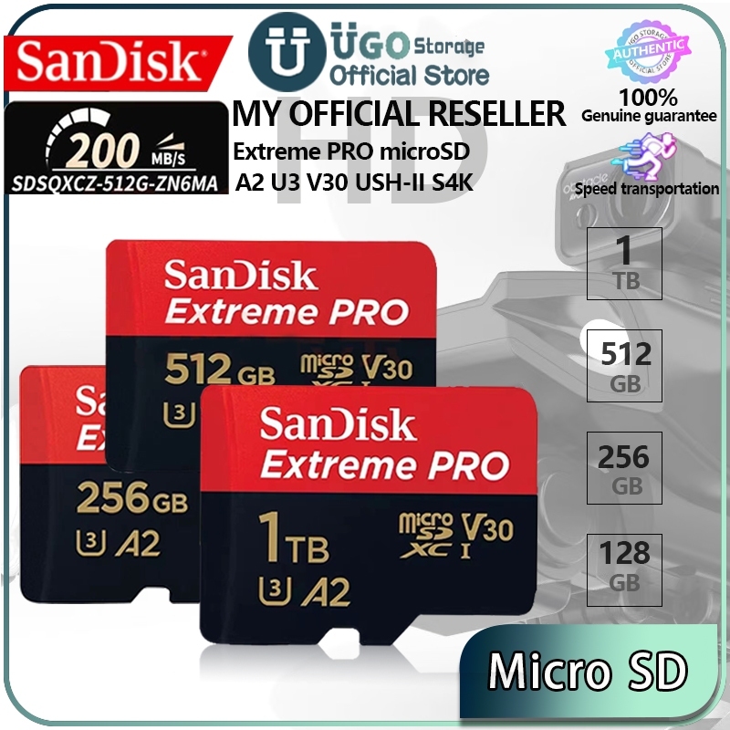 UGO Thẻ nhớ tốc độ cao MicroSDXC SanDisk Extreme Pro 128GB 256GB 512GB V30 A2 200MB/s--Bảo hành 5 năm
