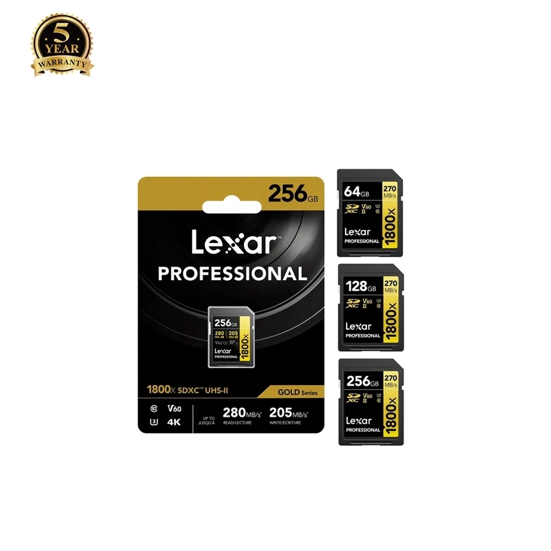Thẻ nhớ Máy Ảnh SDXC Lexar Professional 1800X 64GB / 128GB / 256GB UHS-II V60 đọc 280MB/s ghi 205MB/s (vàng)