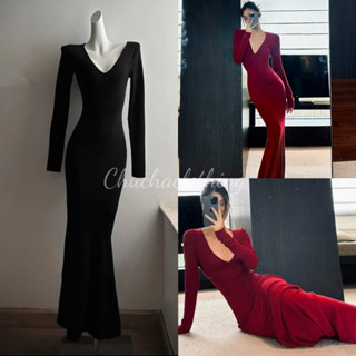 Đầm body tay dài dáng dài cổ v đuôi cá thướt tha dự tiệc chất thun tăm lạnh - Chuchaclothing