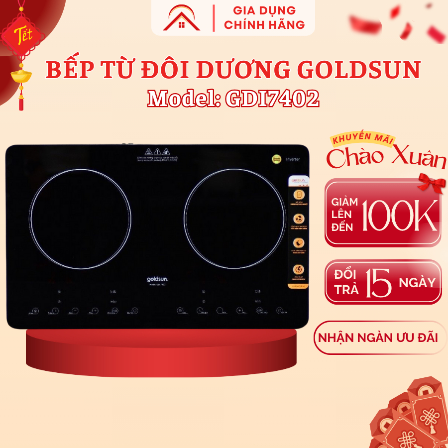 Bếp từ đôi dương Goldsun GDI7402 tiết kiệm điện, màn hình LED thông minh, có khóa an toàn