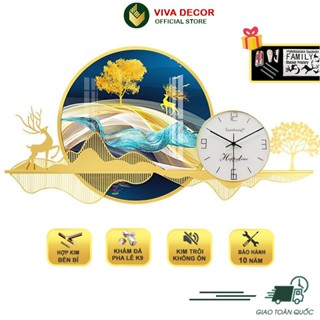  Đồng Hồ Treo Tường Trang Trí khung kim loại kết hợp tranh tráng gương hươu tuần lộc ViVa Decor V335 