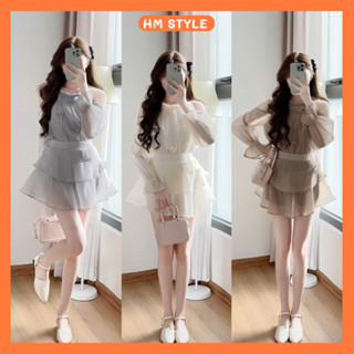 Set áo tơ hở vai tay bồng đính nhiều nơ + chân váy 2 tầng có quần trong HB406