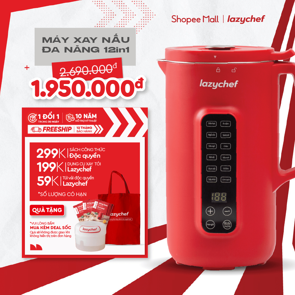 Máy Làm Sữa Hạt 12in1 Lazychef, Máy Xay Nấu Đa Năng, Máy Xay Sinh Tố, 10 Lưỡi Dao, ver 2.0 Nắp Inox