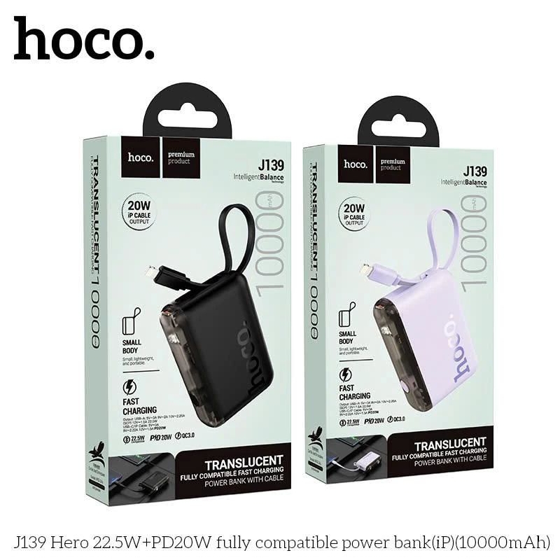 Sạc dự phòng Hoco J139 tích hợp dây sạc nhanh Lightning/IP 10.000mah.