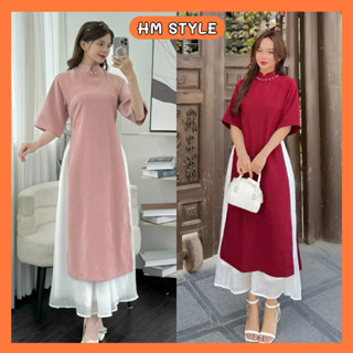 Set áo dài cách tân đính ngọc chất nhung tăm kèm chân váy voan tơ cạp chun dáng dài AD603