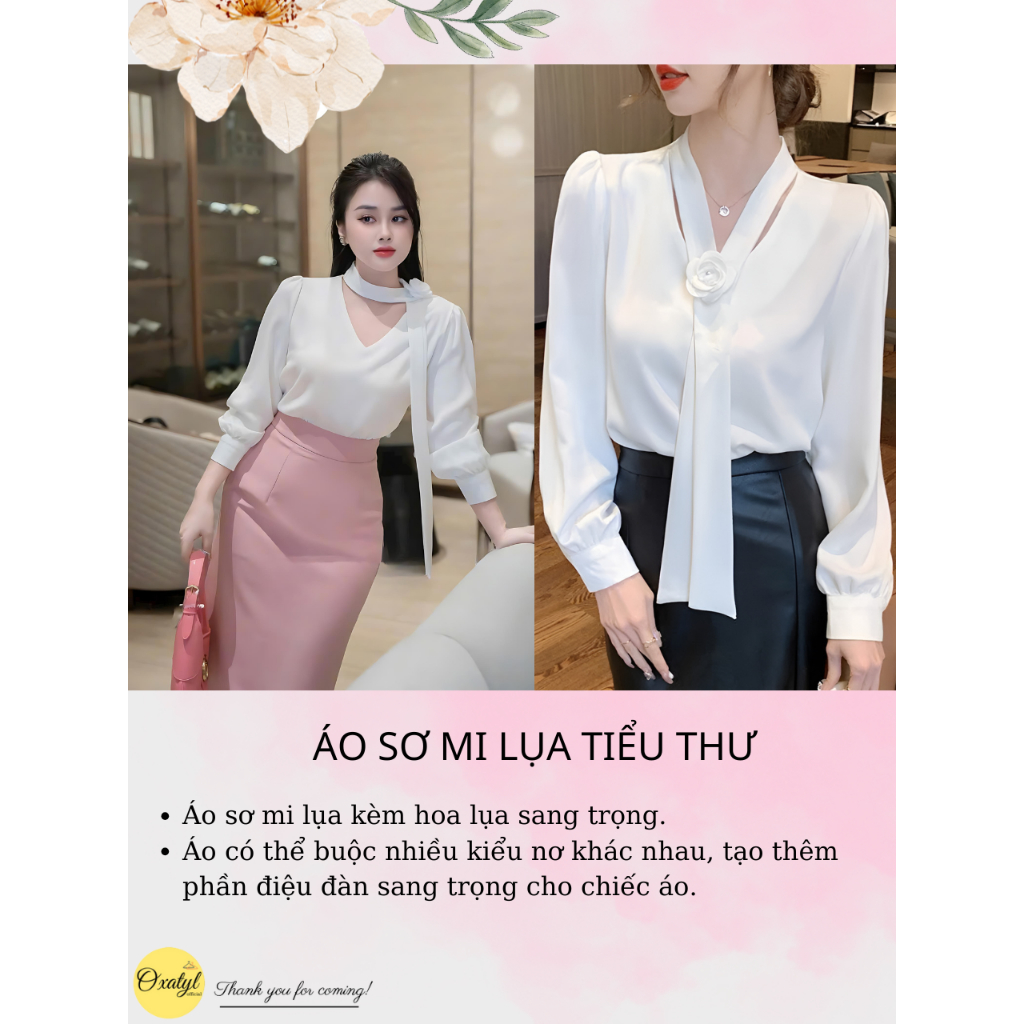 Áo sơ mi kiểu cổ V kèm hoa thời trang công sở chất liệu vải lụa cao cấp Oxatyl A621 áo kiểu dài tay | BigBuy360 - bigbuy360.vn