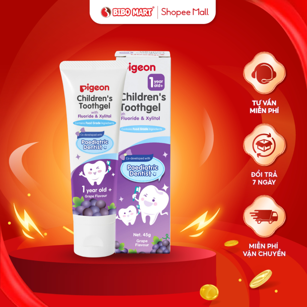  Kem Đánh Răng Trẻ Em Pigeon Hương Nho Ngọt Dịu Ngừa Sâu Răng Cho Bé Trên 1 Tuổi 45g - Bibomart 