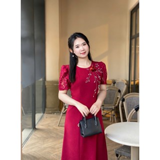 đầm thun nữ dáng xòe A đính phale cao cấp, phối tay ren cổ tròn, tôn dáng che khuyết điểm