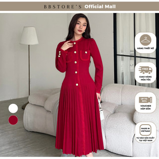  Đầm Xòe Dự Tiệc Tùng Váy Xếp Ly Tay Dài Phối Nút Chất Liệu Vải Linen Gân Cao Cấp BBSTORE'S -D2897