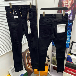 Quần jean nam Purple đen đậm rách đùi gối nhăn 3D mác lụa 4 cúc cao cấp QJ658P