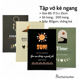 Vở kẻ ngang B5 200 trang HUERARUMO, gáy khâu chỉ bước dài dấu ngoài, giấy cao cấp định lượng 80gsm, in offset.