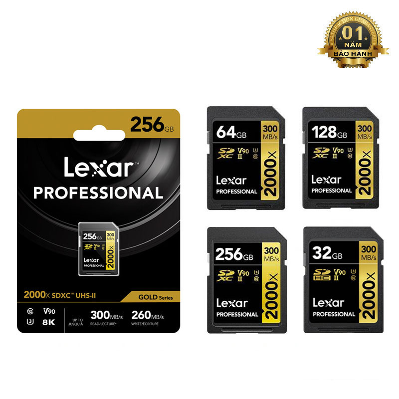 Thẻ nhớ Máy Ảnh SDXC Lexar Professional 2000X 256GB / 128GB / 64GB / 32GB UHS-II U3 V90 R300MB/s W260MB/s