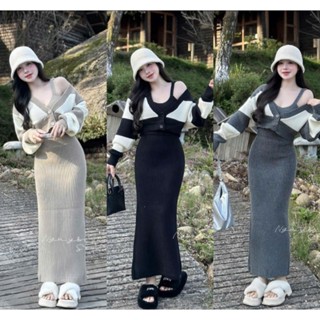 Set gân đũi 3 món chân váy dài mix áo dây và áo khoác kẻ sọc