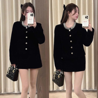 Sét Áo Nhung Cổ Đính Đá Dài Tay MIx Chân Váy Chữ A Thiết Kế Tiểu Thư Dành Cho Nữ - Women, Top