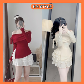 Sét áo trễ vai bo tăm bẻ vai tay dài vạt chéo + Chân váy đũi gân phối ren có quần bảo hộ HB530