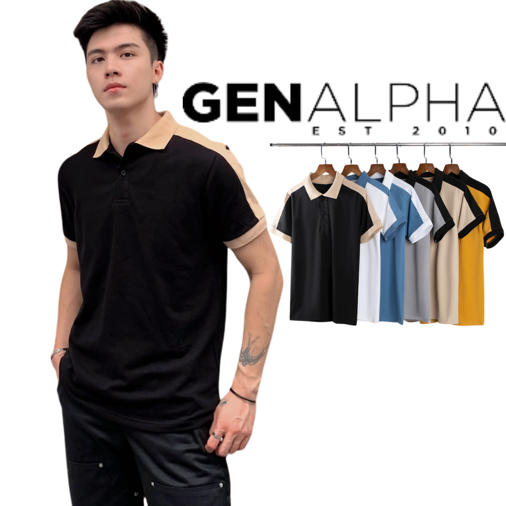 Áo thun polo nam GEN ALPHA vải cá sấu phối vai tay áo, polo nam viền cổ mẫu phối basic GEN868