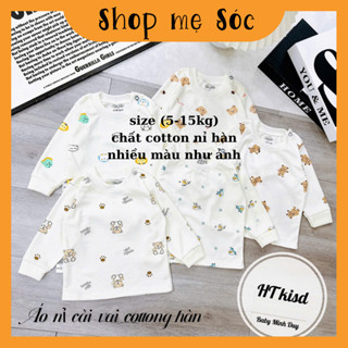 Áo COTTON NỈ HÀN dài tay cài vai thu đông nền trắng kem cho bé trai bé gái 5-15kg mesocshop