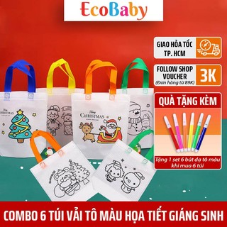 Combo 6 Túi Vải Tô Màu Họa Tiết Giáng Sinh, Túi Tote Cho Bé Tô Màu, Tặng Kèm 6 Bút Dạ Mini - Ecobaby