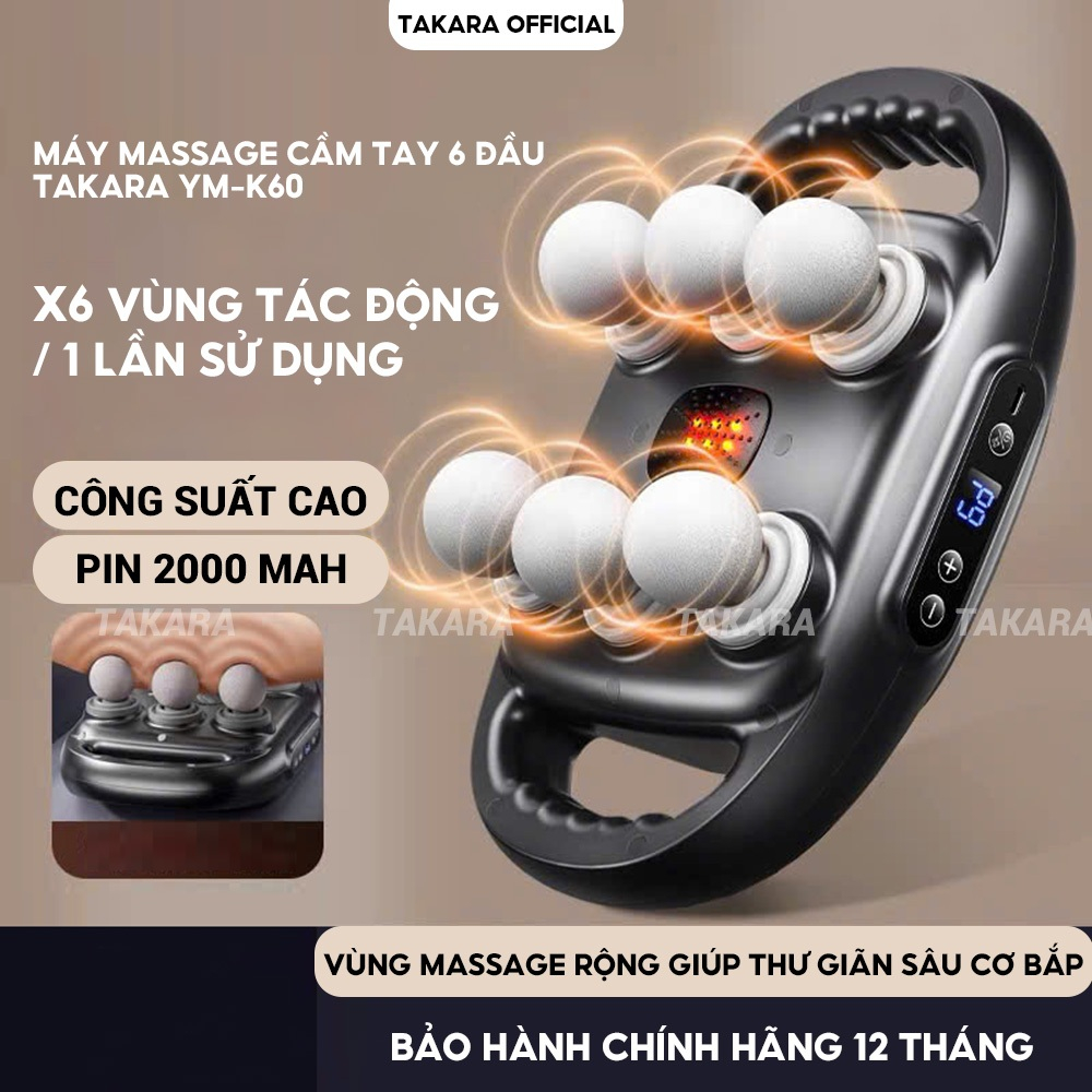 Máy massage cầm tay 6 đầu, máy mát xa toàn thân Takara YM-K60 với 9 chế độ kết hợp nhiệt làm nóng giảm đau mỏi