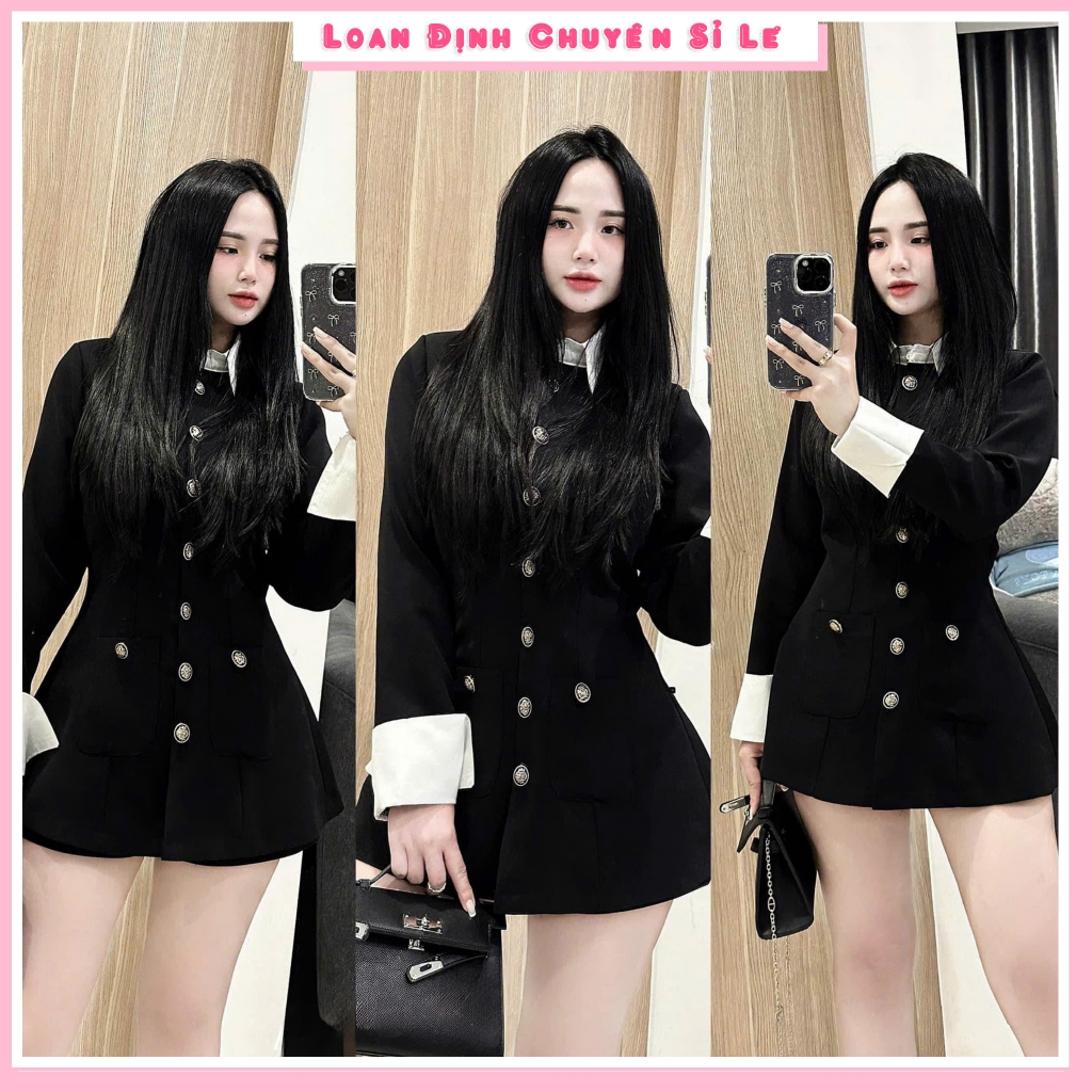 Váy Tuyết Mưa Phối Cổ Sơ Mi Trắng Cúc Đồng Đầm Nữ Thiết Kế Dáng Ngắn Dress Nữ Top Women LD475