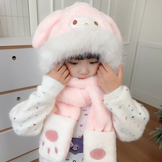 Mũ len lông cừu cho bé, mũ chùm đầu giữ ấm 3in1 kèm khăn quàng cổ và găng tay hoạ tiết kuromi, melody