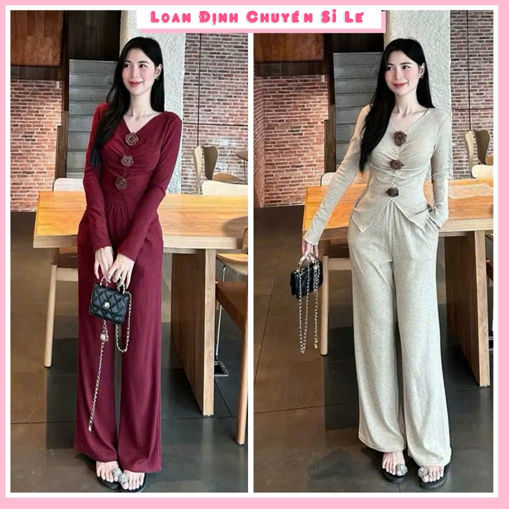 Set Bộ Rúm Ngực Bông Hoa Cổ V Xẻ Dài Tay Quần Ống Suông Đỏ Be Đồ Bộ Nữ Thu Đông LD300