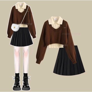 Set áo len cổ polo nữ hai lớp tách rời phối và chân váy tennis xếp ly chữ A