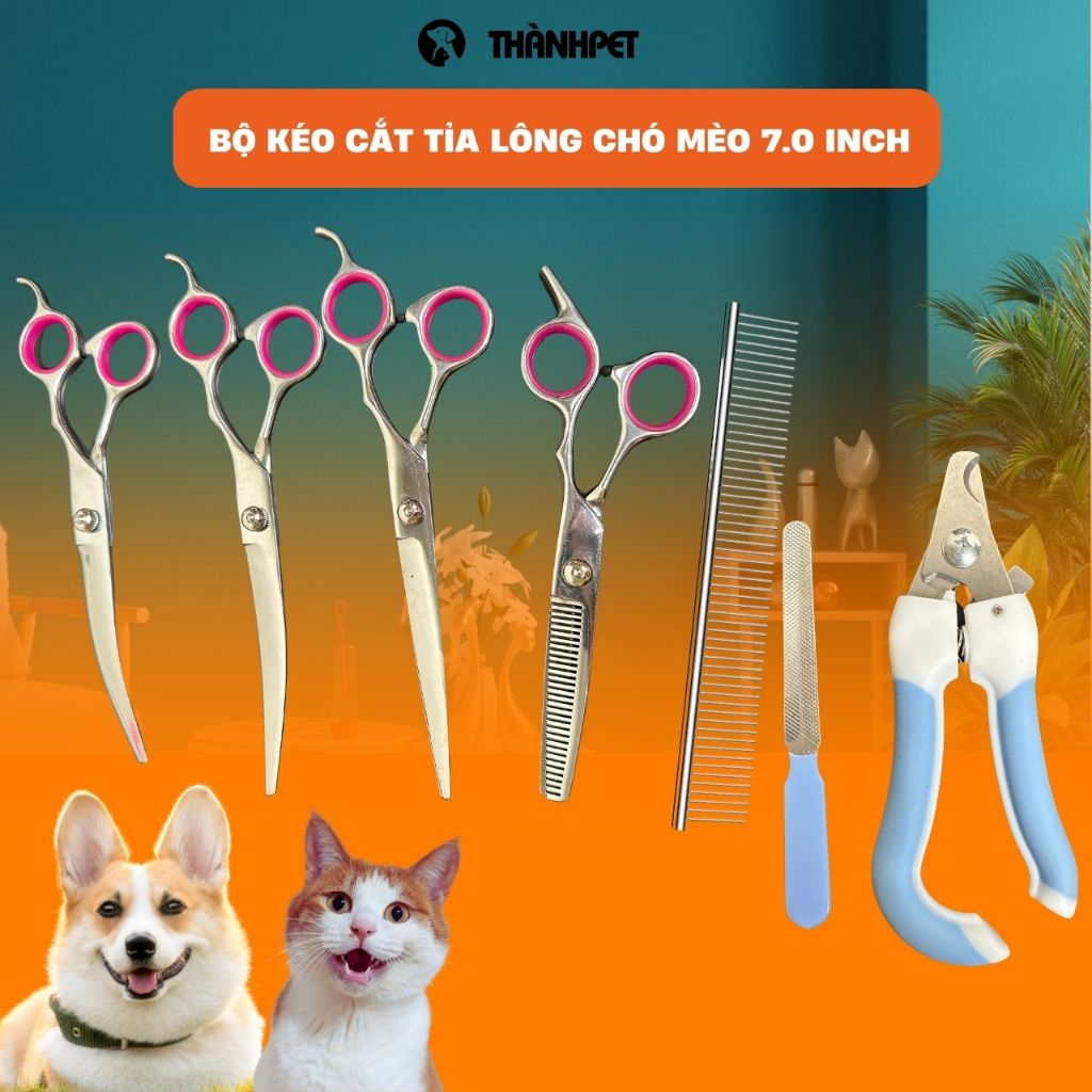 Bộ Dụng Cụ Kéo Cắt Lông, Kéo Cong,Kéo Thằng Kèm Lược Inox Dành Cho Thú Cưng, Cắt Tỉa Lông Chó Mèo — TICIPET